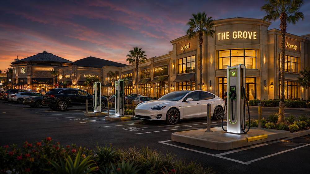 DC fast chargers actively charging vehicles at a lifestyle center in the evening