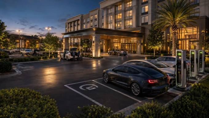 EV charging at a hotel entrance at night