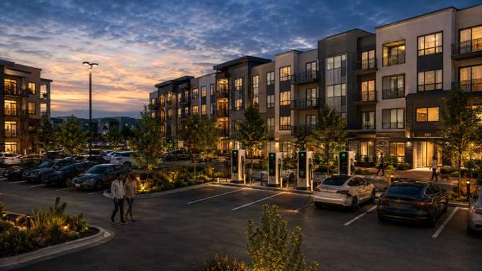 EV charging at a multifamily residential community in the evening