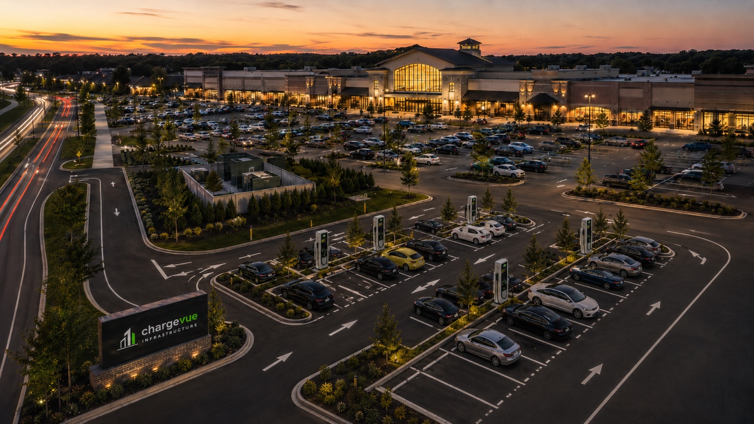 Aerial view of a Chargevue DC fast charging plaza at a retail power center at dusk
